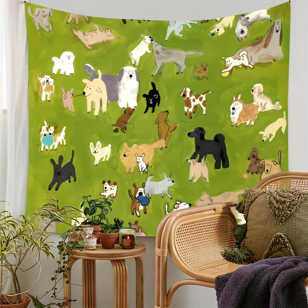 VIKAMA الكرتون الحيوانات الأليفة نسيج خلفية خضراء جديدة مع تصميم متعدد السلالات الكلب غرفة المعيشة أريكة خلفية جدار ديكور الغرفة