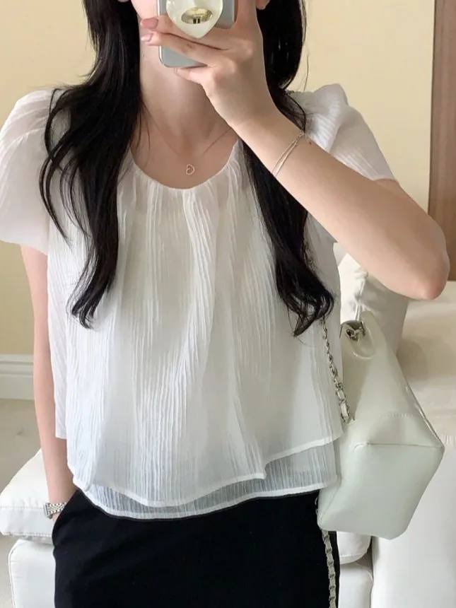 

Chic round Neck Fake Two-Piece Shirt Women's Stylish Age-Defying White Top Summer New Arrival Polyester Fiber Short Sleeve