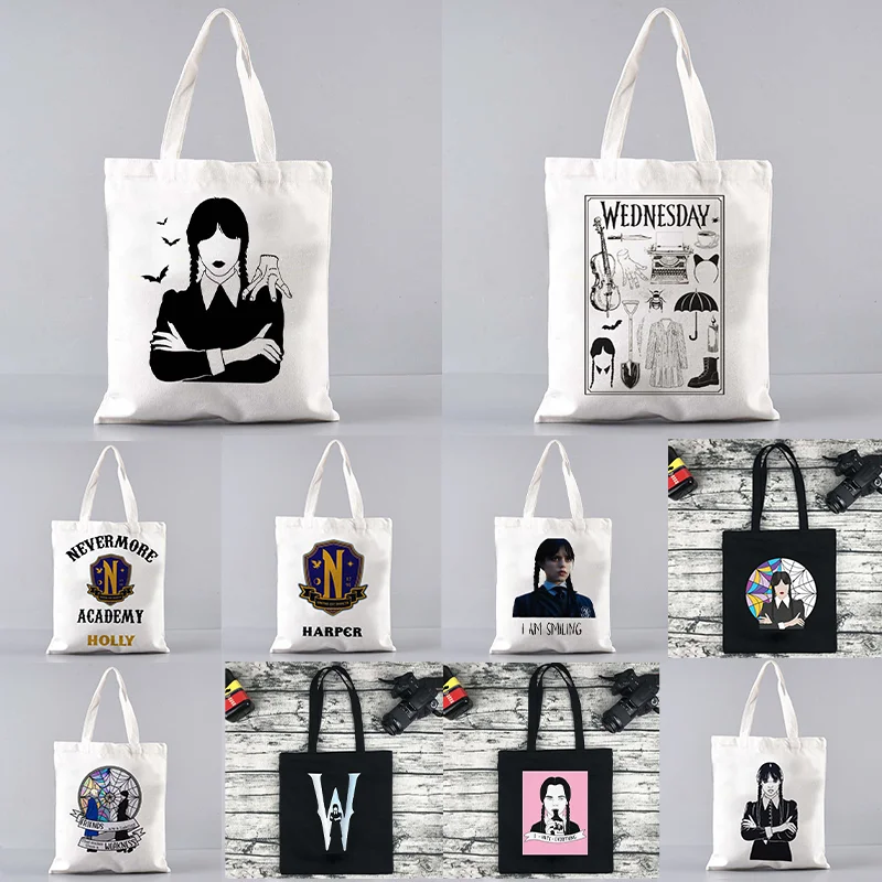 Nevermore Academy Wednesday Addams Eco Tote Bags Big Canvas Bag Reusable Shopping Bag for Women Shopping Bag Female Eco Bag image 2