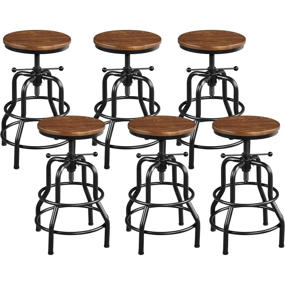 

Industrial Vintage Metal Bar Stool with Round Wood Seat, Adjustable 20-27 Inch, Brown, Set of 6 for Kitchen/Dining/Cafe
