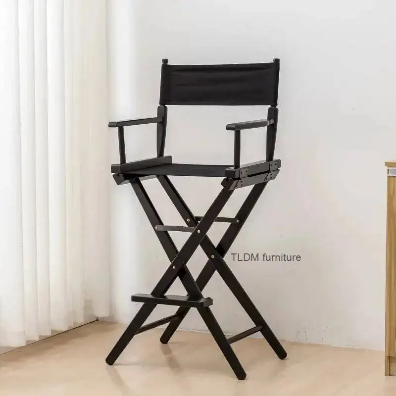 Solid Wood Director Chair Canvas Folding Leisure Home Bar Counter Office Chair Outdoor Makeup Chair Fishing Props High Feet