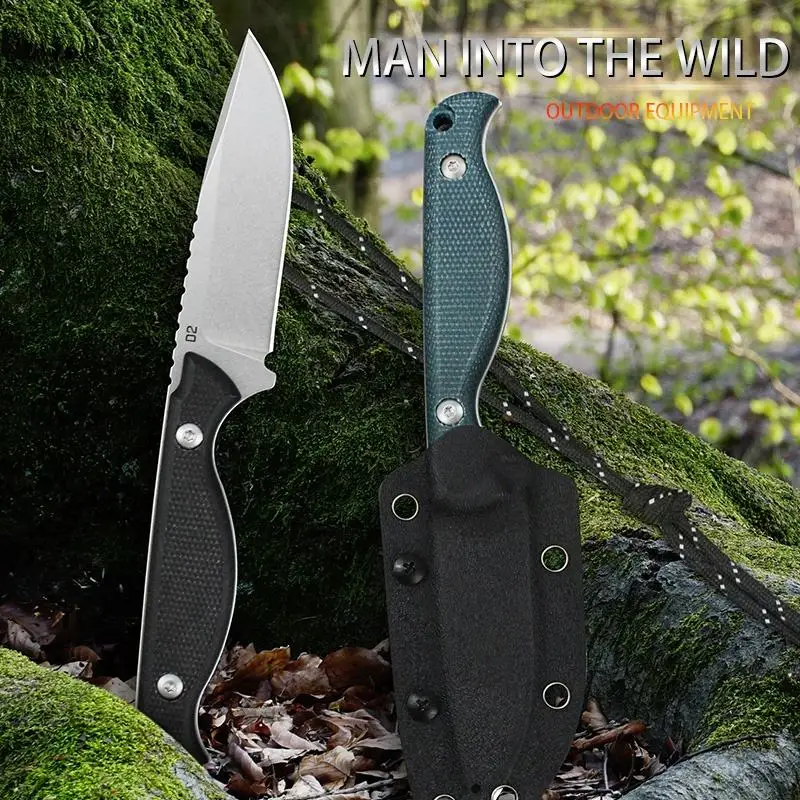 

D2 Blade Camping Knife With Micarta Handle Self-Defense Straight Hunting Knives Featuring Kydex Sheath