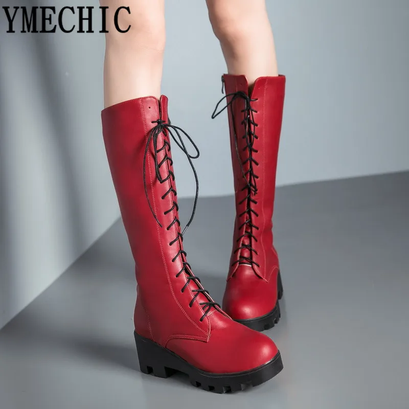 

YMECHIC 2023 Red Plus Size Lace Up Mid Calf High Motorcycle Boots Women Fashion Cross Tied White Black Chunky Heel Woman Shoes