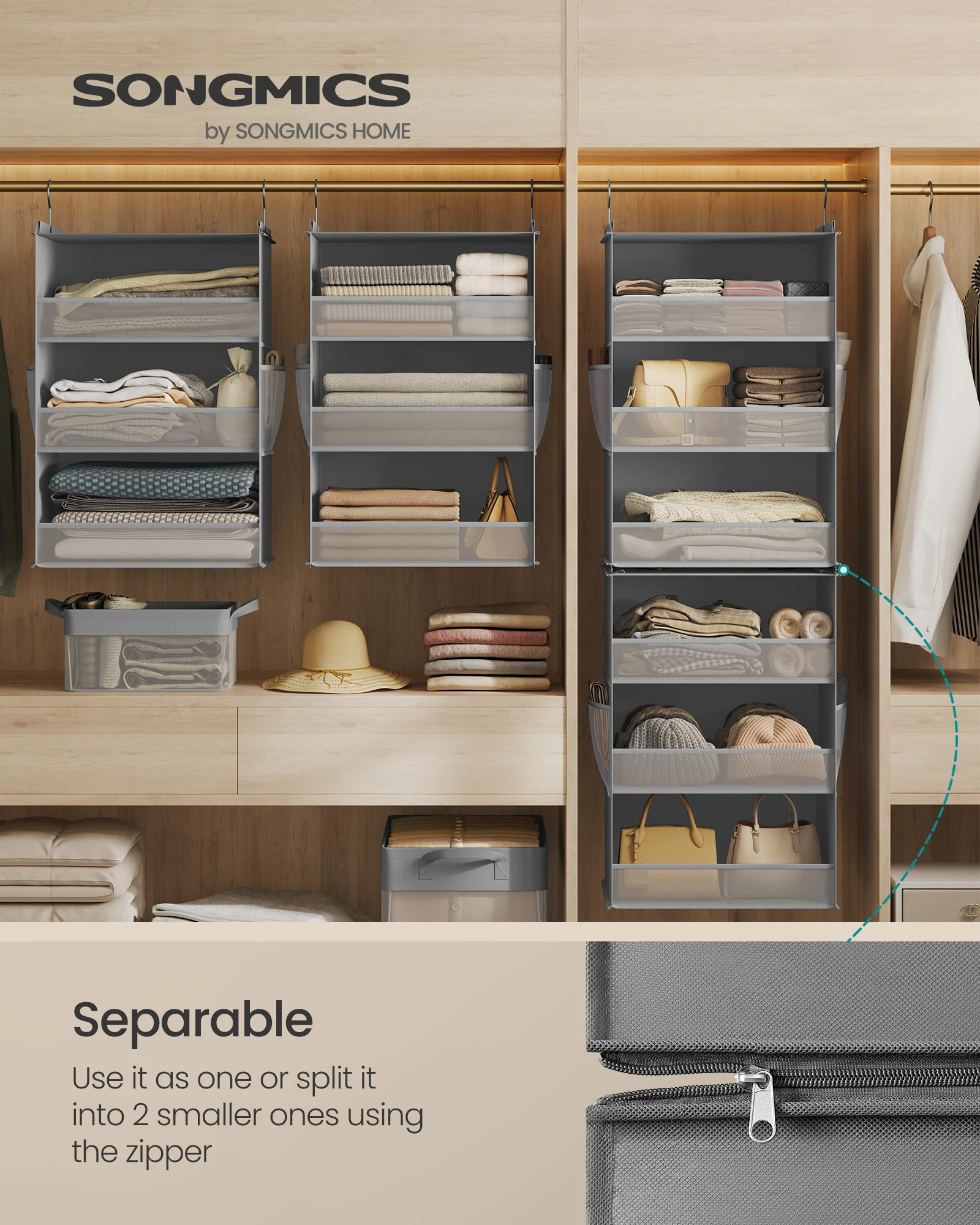 

SONGMICS Hanging Closet Organizer, 6-Tier Fabric Storage Shelf, Separable Closet Hanging Shelf with Side Pockets, Foldable, Meta