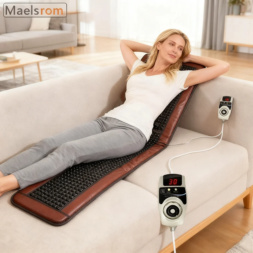 Far Infrared Jade Tourmaline Heating Pad Electric Massage Mat for Pain Relief Adjustable Temperature & Timer for Home Office Spa