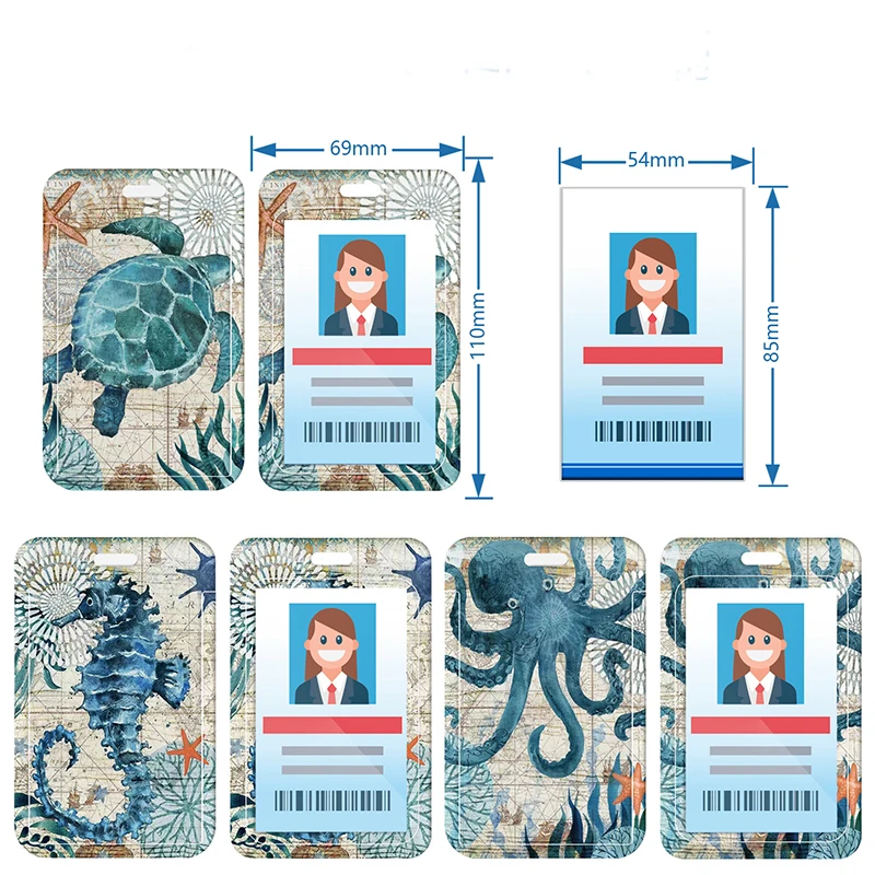 Turtle ID Card Holder Set Seahorse Flower Card Set UV Color Printing Push-pull Student Card Set Badge Easy-pull Buckle