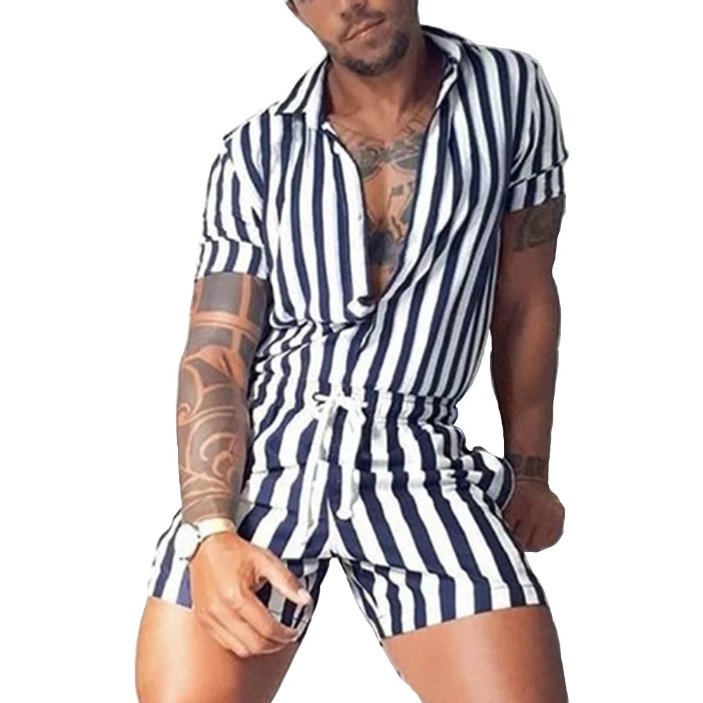 Fashion Men Jumpsuits Casual Short Sleeve Stripped Rompers Shorts Playsuits