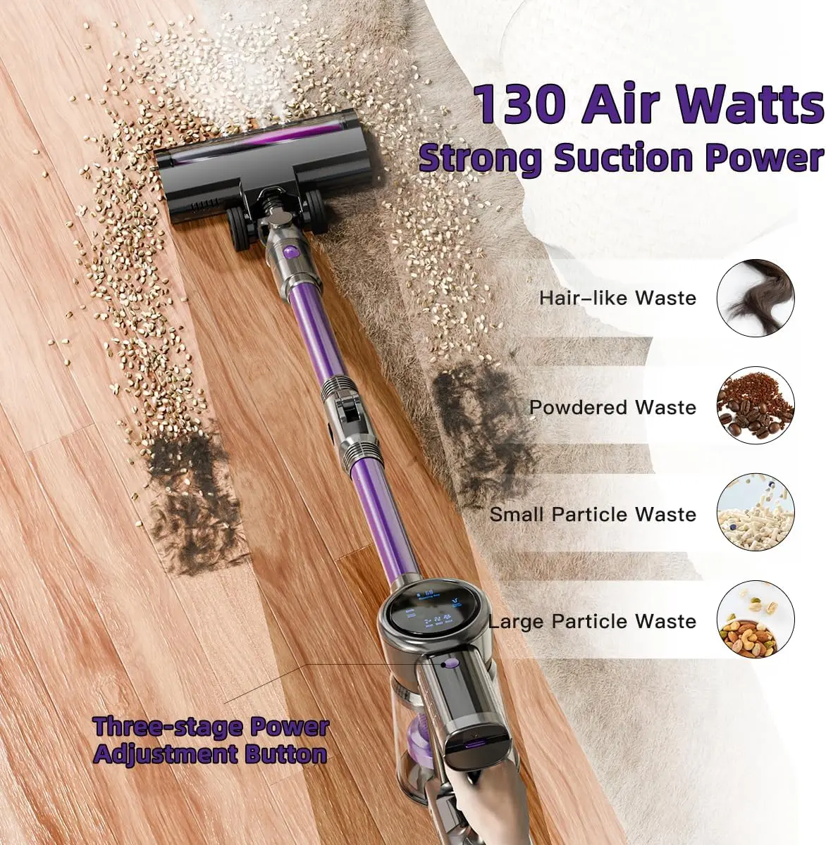 Беспроводной пылесос, всасывающий пылесос 28 кПа со светодиодной фарами, 3 режима, легкий беспроводной пылесос 6-в-1 с 40 минутами D