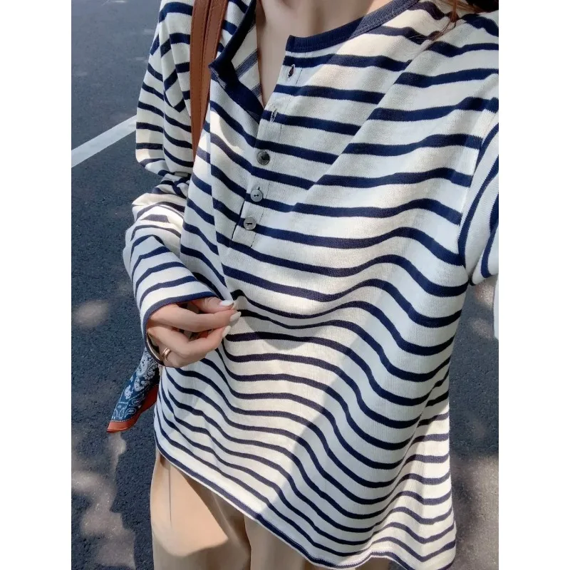 Women's Vintage Breton Stripe Half Placket Long Sleeve Henley Top with Contrast Trim