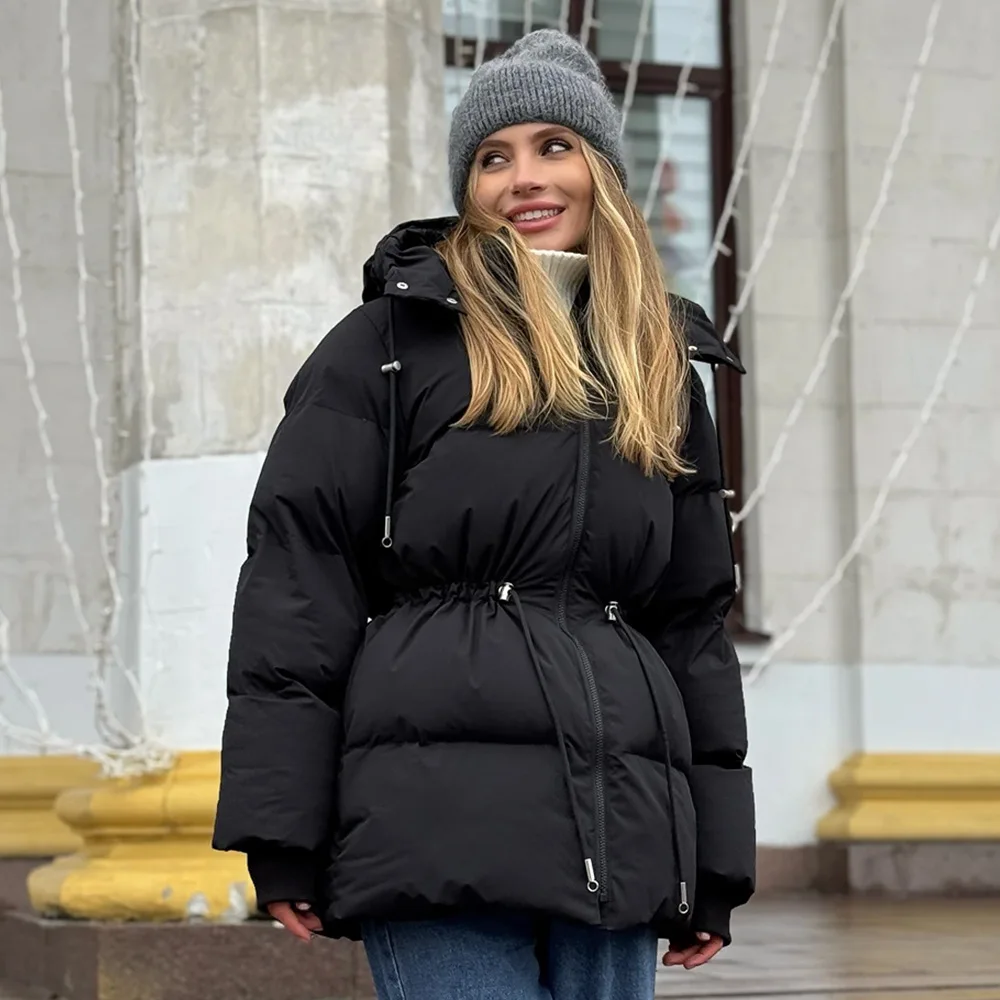 Women Hooded Puffer Coat Winter  Drawstring Waist Slim Fit Mid Length Quilted Outerwear