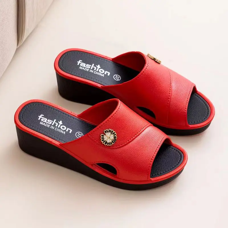 New Women's Summer One Word Wedges Slipper Thick Sole Non Slip Home Slipper  Outdoor Elevator Slipper Mom's Slipper