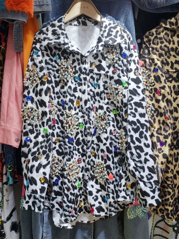 

2023 Spring Autumn New Nail Bead Inlaid Diamonds Leopard Print Streetwear Fashion Women Shirt X068