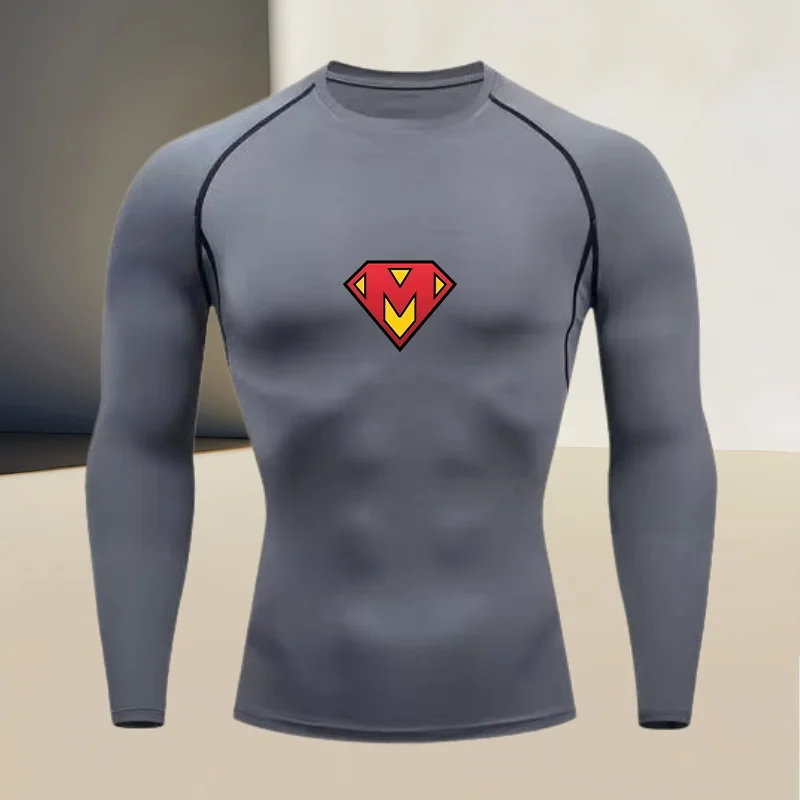 

Men's long sleeved round neck thin sports tight fitting quick drying T-shirt, muscle shapewear, high stretch fabric