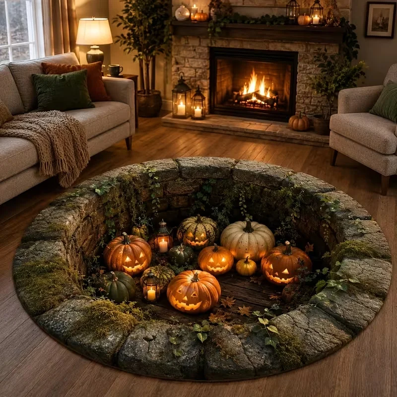 Halloween Pumpkin Pit 3D Optical Illusion Round Rug, Stone Well Jack‑o‑lantern Moss Ivy Print, Decorative Area Carpet