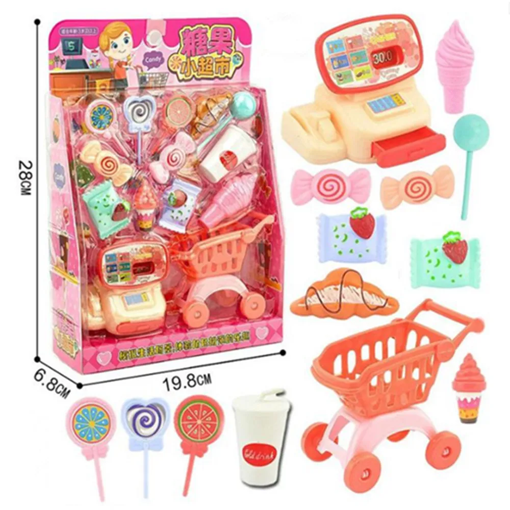 1 مجموعة الكرتون اللعب منزل محاكاة ماكينة تسجيل المدفوعات النقدية كاندي ركن مخزن عربة التسوق آلة الرسالة الآلية البلاستيكية نموذج لعبة طفل