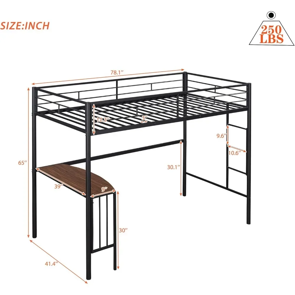 Twin Metal Loft Bed with Desk,Heavy Duty Metal Bunk Bed with Ladder and Guardrails for Kids Teens Adults,Loft Bed for Bedroom