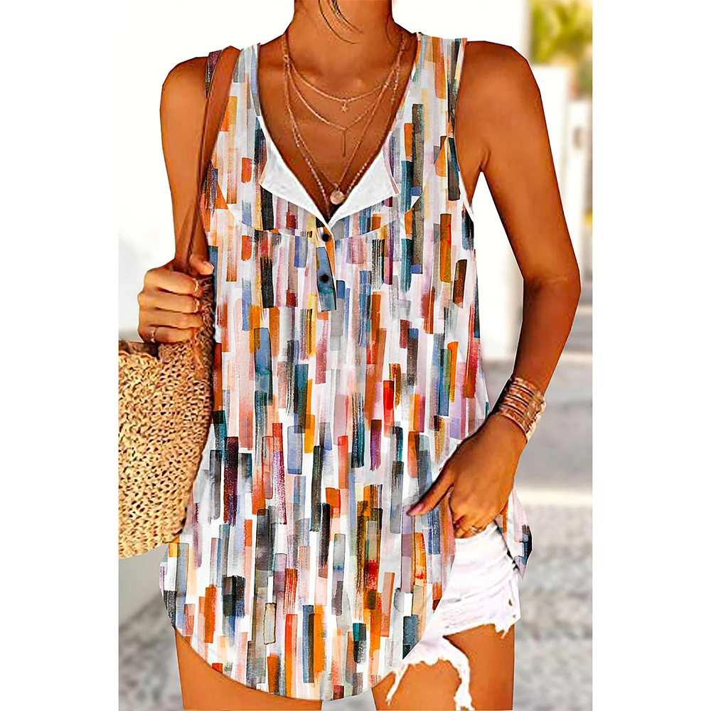 Plus Size Casual Multicolor Block Print Button Tank Top