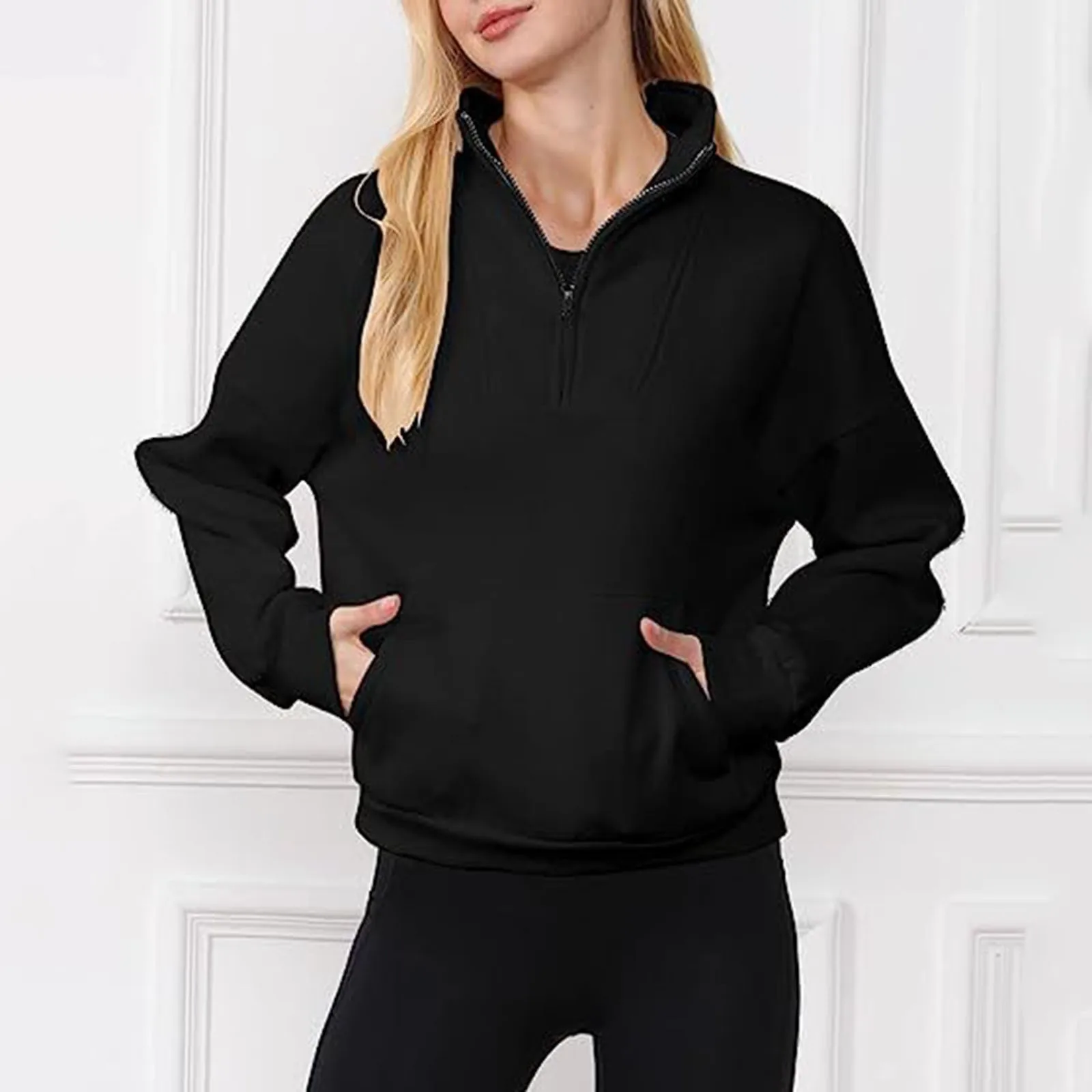 

Women's Half Zip Sweatshirt With Pocket Quarter Zip Casual Solid Color Cropped Pullover Sweatshirt Fall Clothing For Women 2024