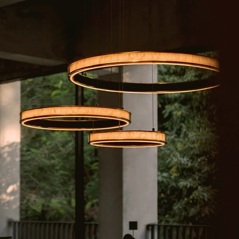 Moden Minimalist Ring-shaped Marble Acrylic LED Pendant Lights Living Room Bedroom Restaurant Kitchen LED Dimmable Hanging Lamps
