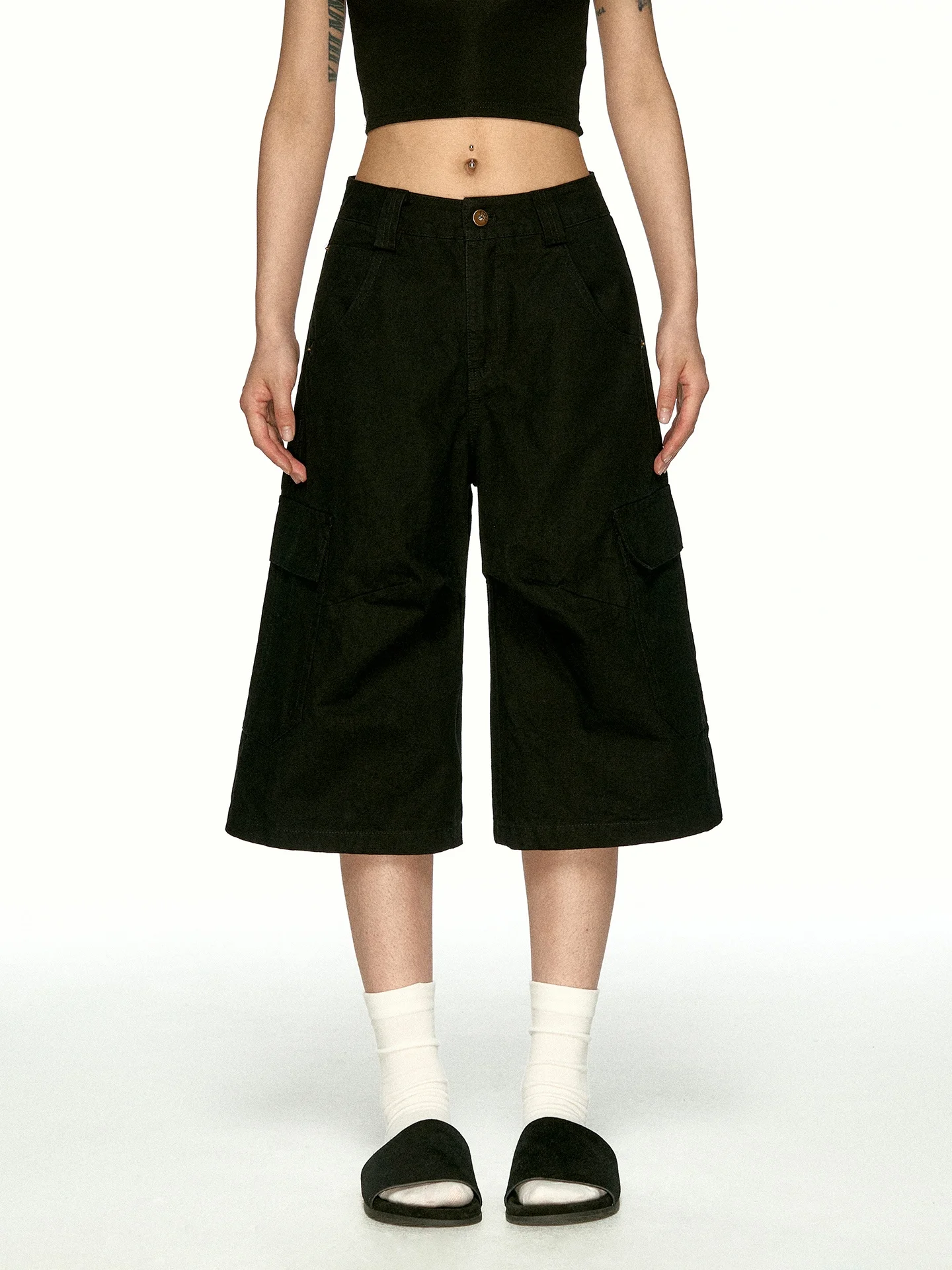 Aaisup Black Workwear Style Multi-Pocket Five-Track Pants Women Summer Design Loose Straight Leg Casual Trousers