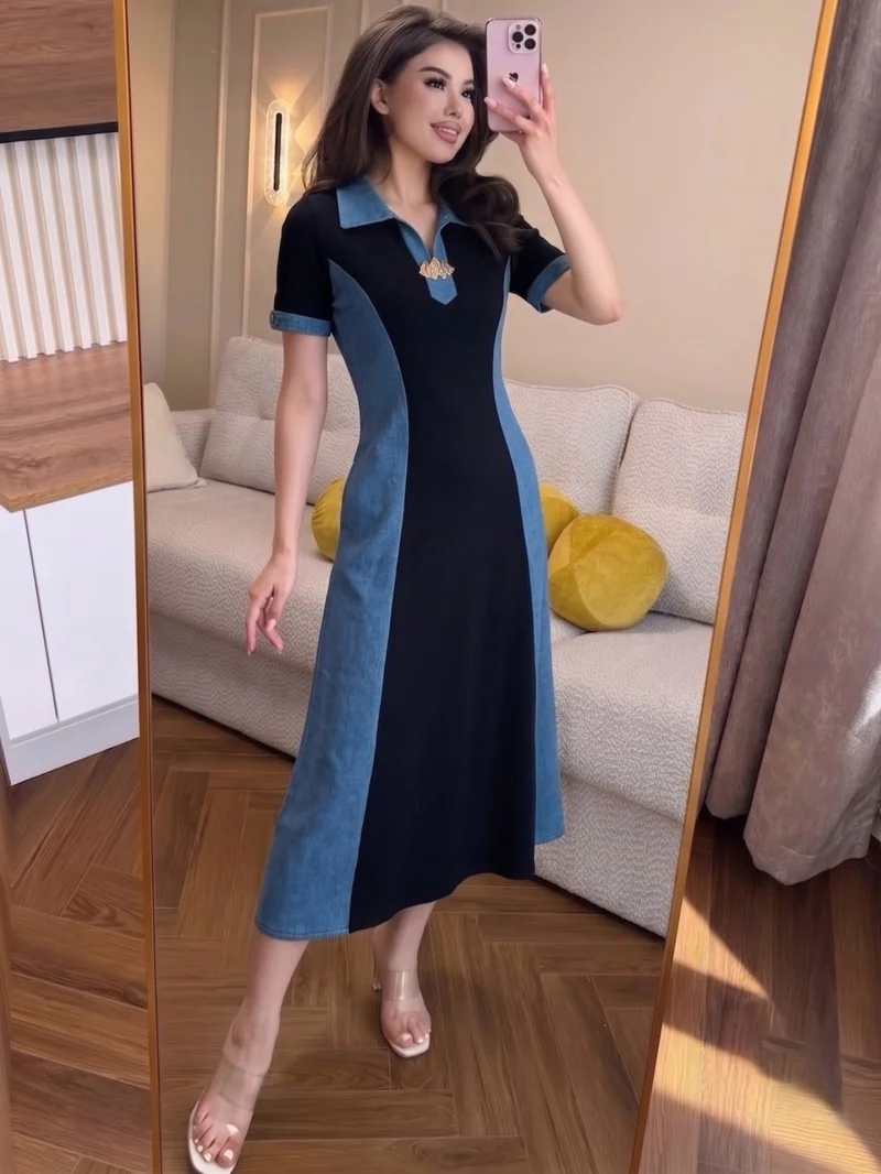 Fashion Colorblock A-Line Dress Summer Clothing Women 2026 Short Sleeve Polo-Neck Maxi Long Dresses Casual Loose Dress Vestidos