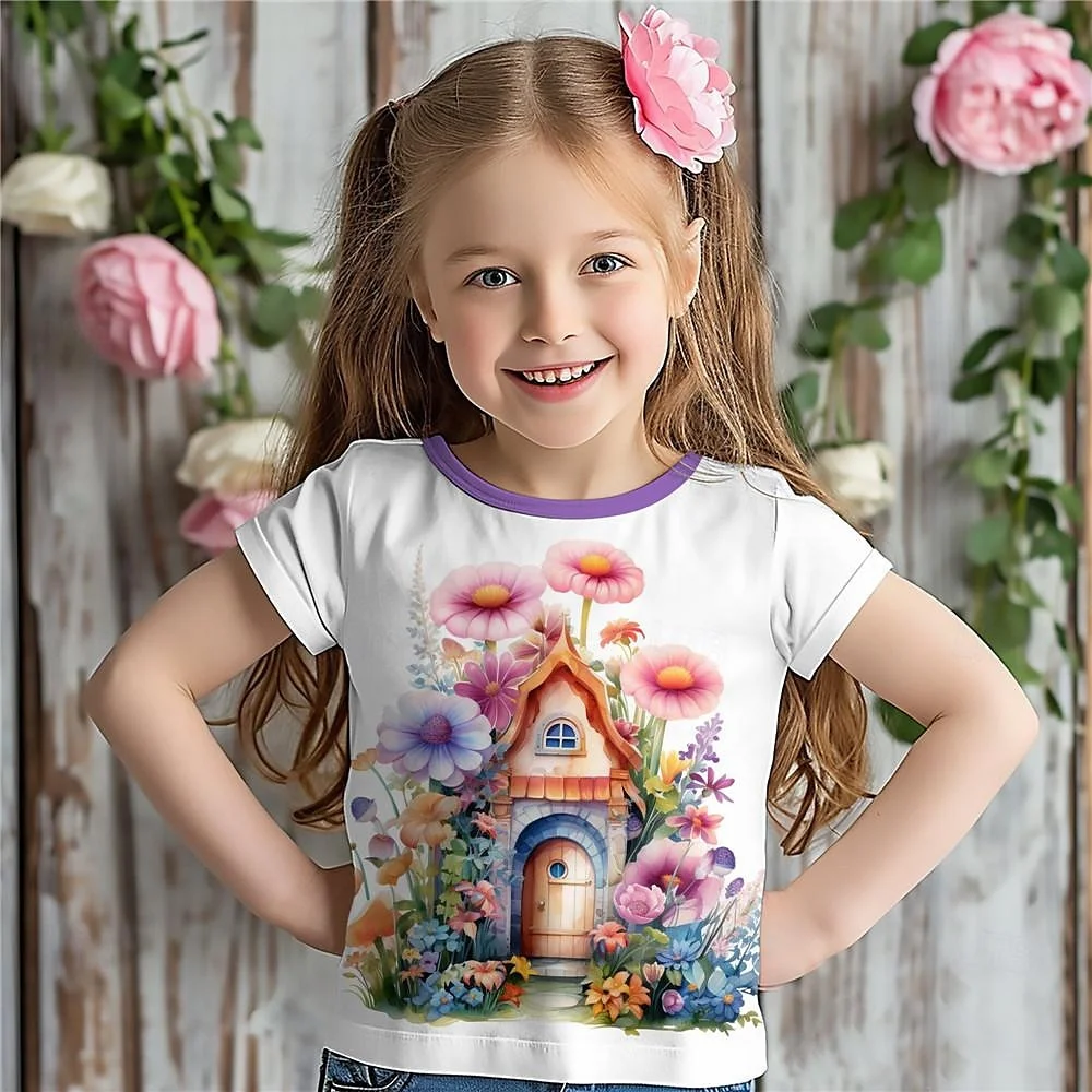 Baby Girl T-Shirt Summer Casual Short Sleeve Flower 3d Printed Fun Girls' T-Shirt Children's Clothing