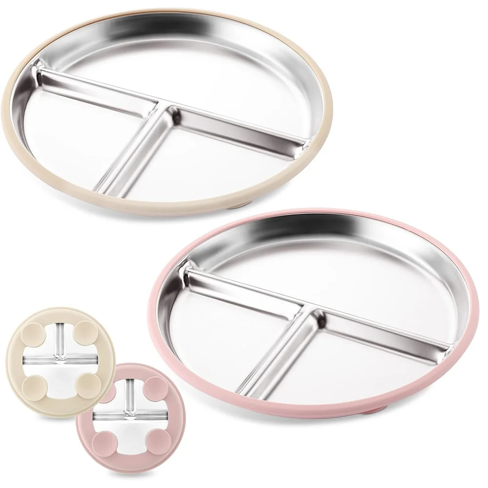 Stainless Steel Suction Plates for Toddlers, Divided Kids Baby Plates with Removable Silicone Suction