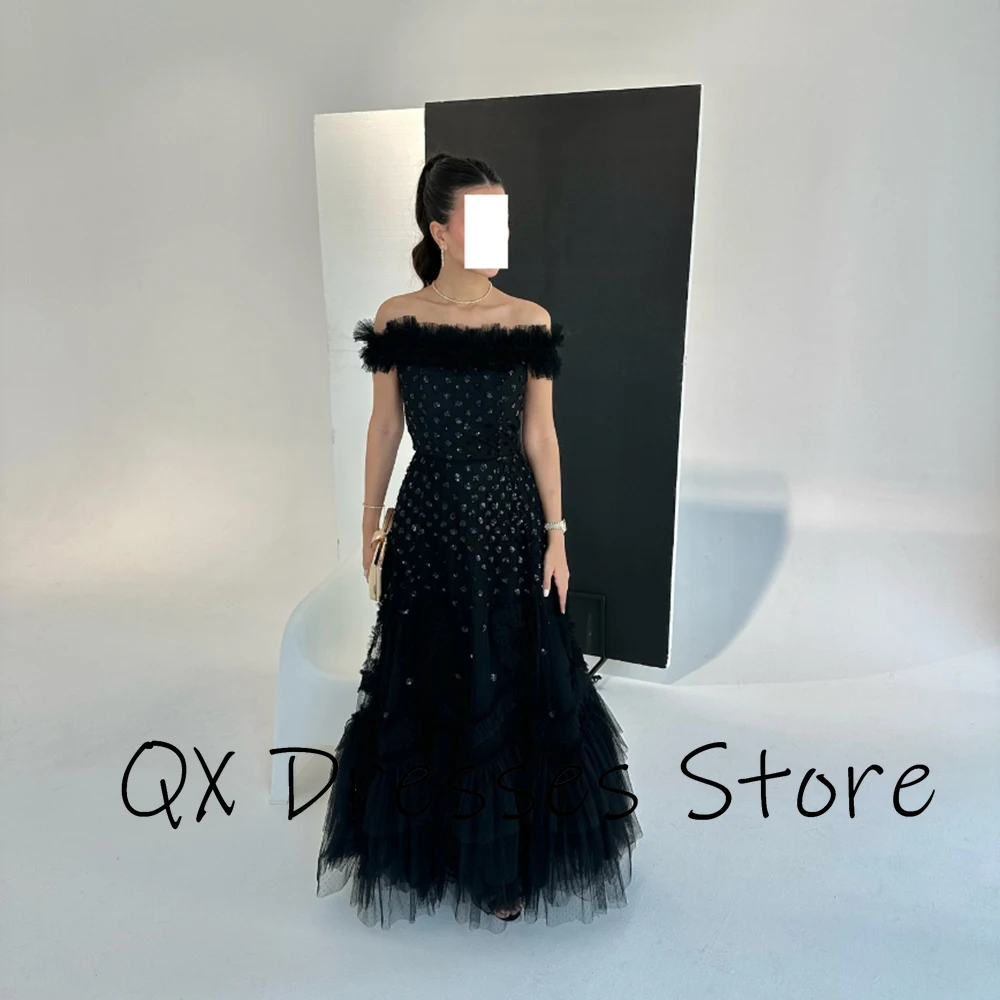 Customized Black Off the SHoulder Crystal Tulle Evening Dresses Backless A-line Ruched Floor Length Pageant Prom Gowns Elegant