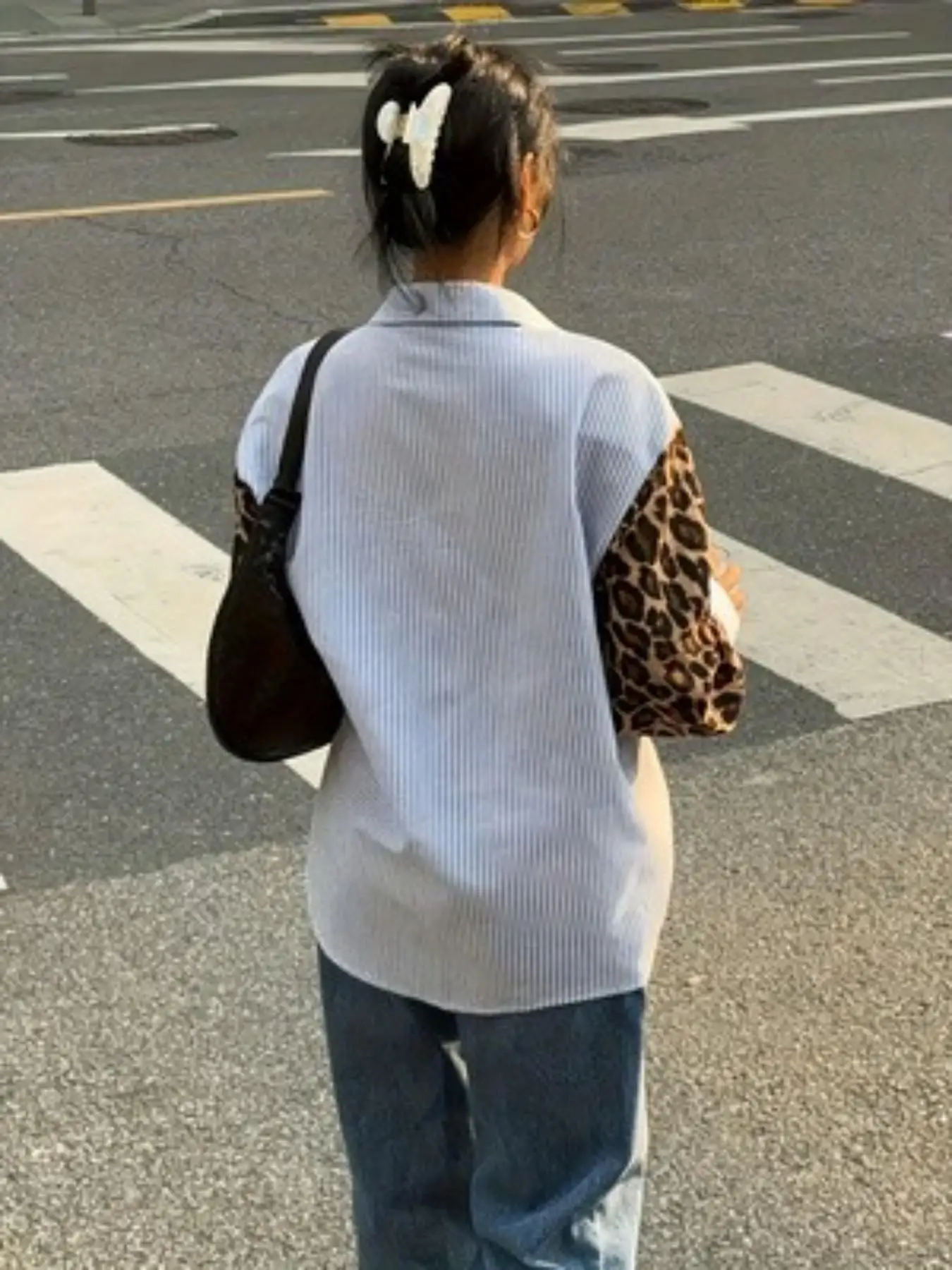 Blue Striped Leopard Print Loose Long Sleeve Shirt Retro Hip Hop Style Anti-Wrinkle Soft Fabric Multi-Functional Front Opening