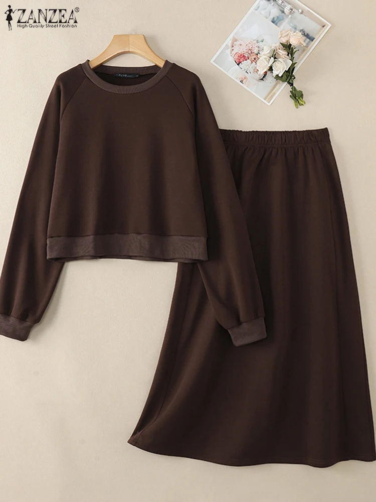 ZANZEA otoño mujer moda 2 piezas traje 2025 Top de manga larga Casual cintura alta falda larga conjuntos vestido sólido trajes chándales