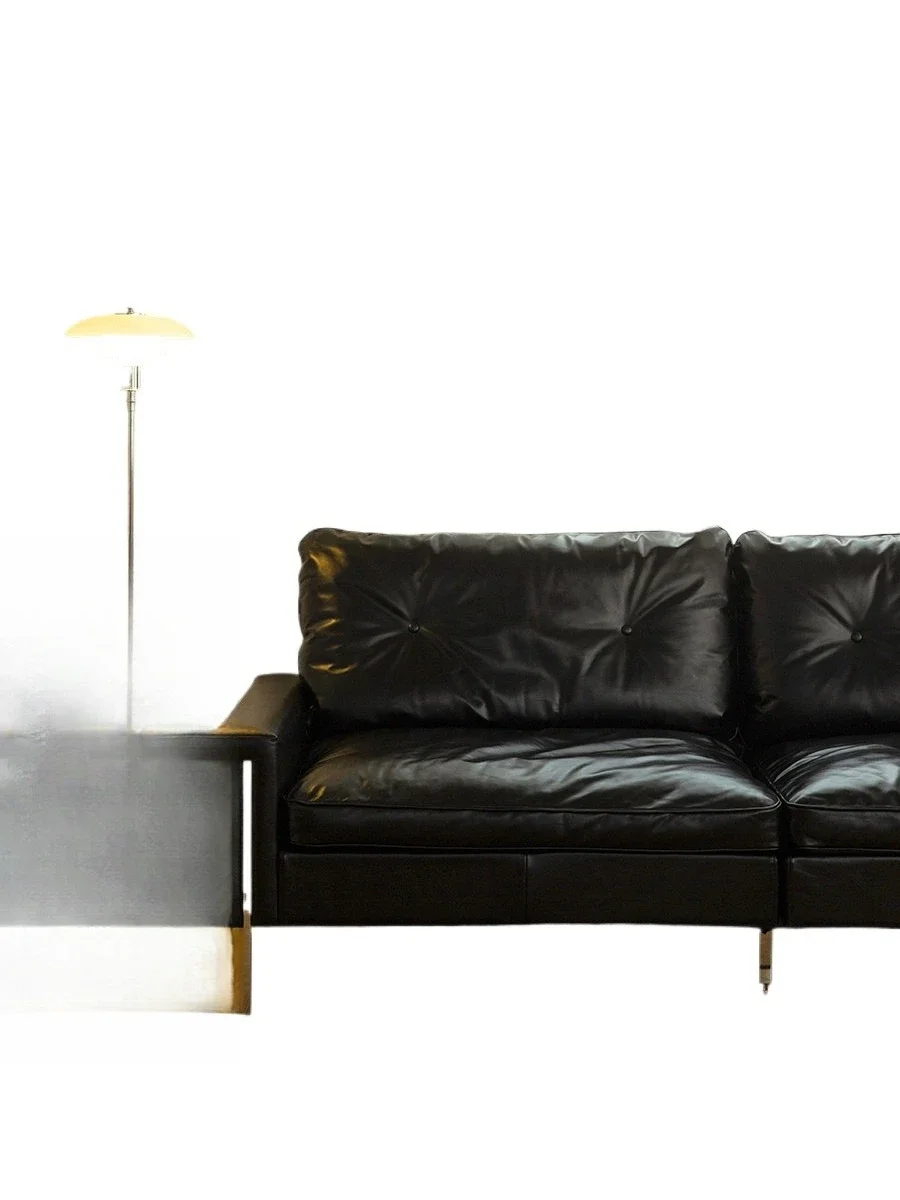 

Nordic minimalist, leather sofa, black retro, straight row small apartment