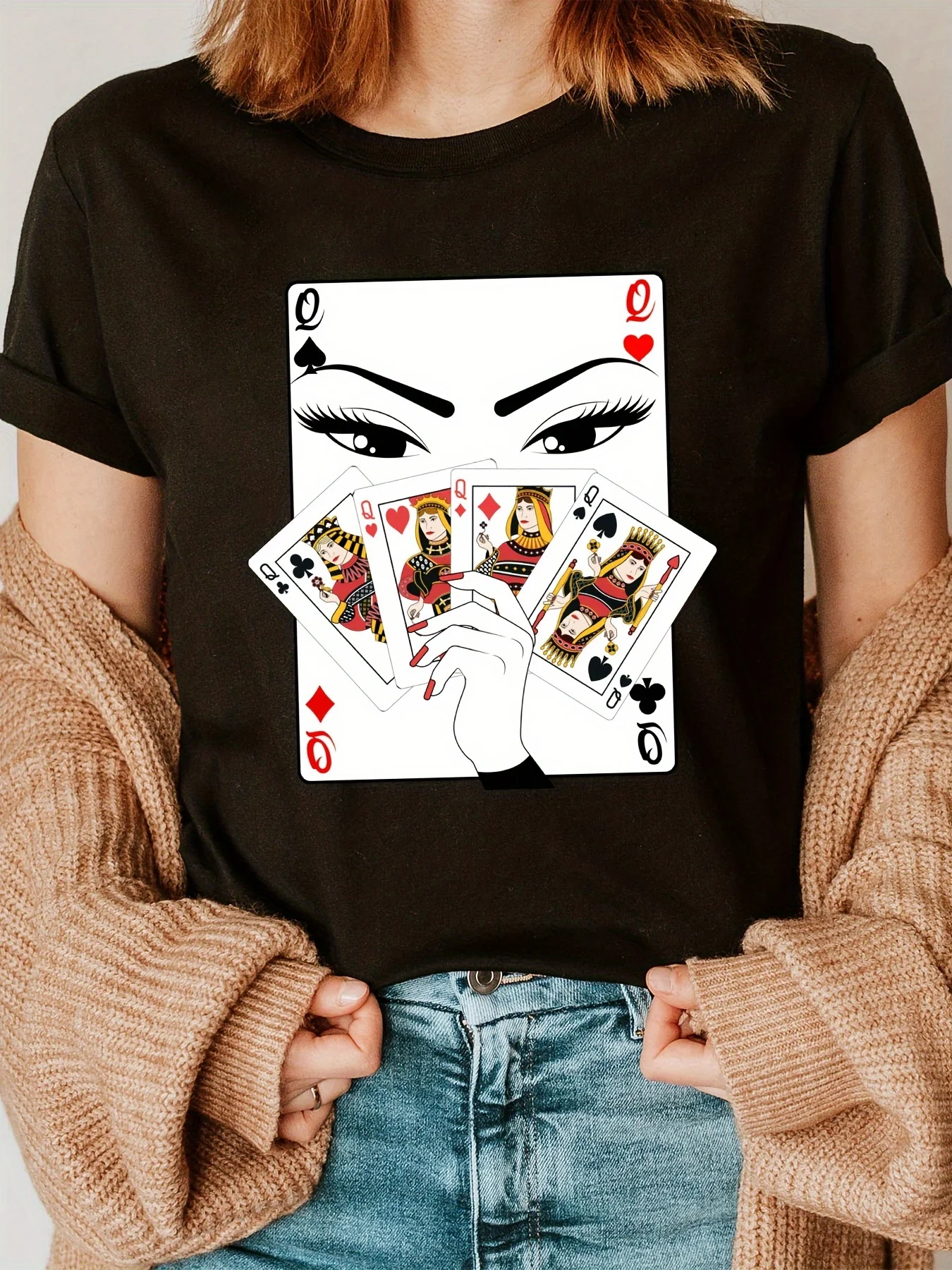 Unique Poker Queen Graphic T-Shirt, Funny Playing Cards Print Tee, Summer Casual Party Top, Creative Card Game Lover Gift Shirt