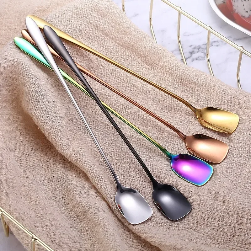 20cm Stainless Steel Square Head Coffee Stirring Spoon Long Handle Ice Cream Scoop Creative Kitchen Utensils