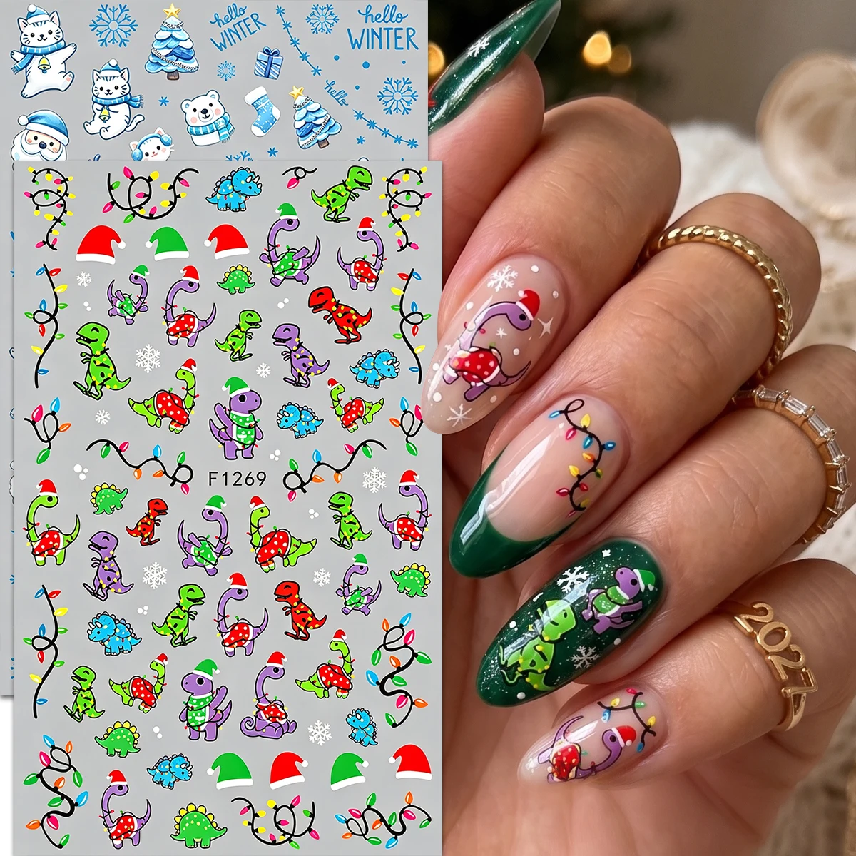 2/4/5/10Pcs Christmas Nail Stickers, Cute Dinosaur Cat Decals, Multicolored Nail Supplies, Winter Party Gift