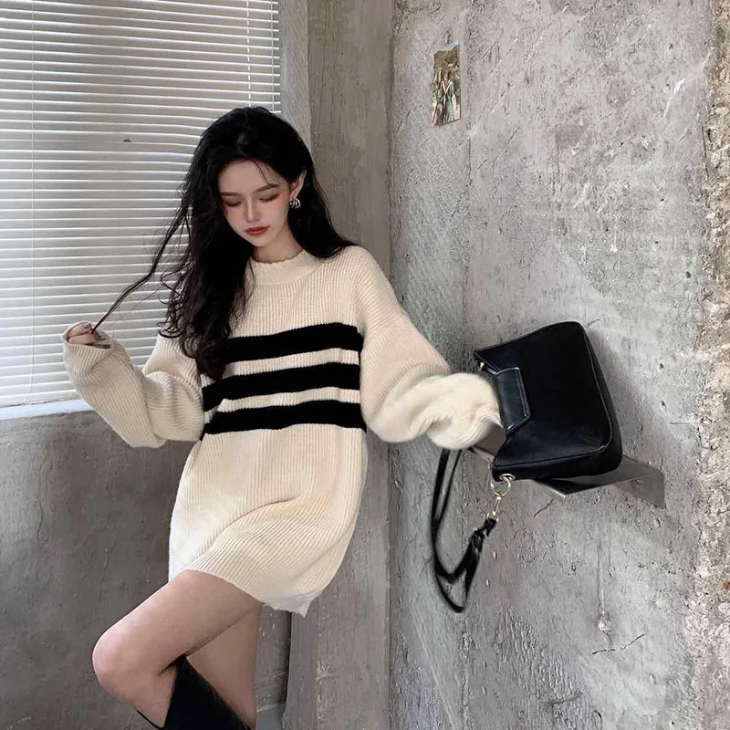 Zoki Striped Vintage Swetry Kobiety Leniwy Wiatr Luźne Dzianinowe Pulowery z Długim Rękawem Koreańskie Oversize Casual Streetwear Swetry Jesień