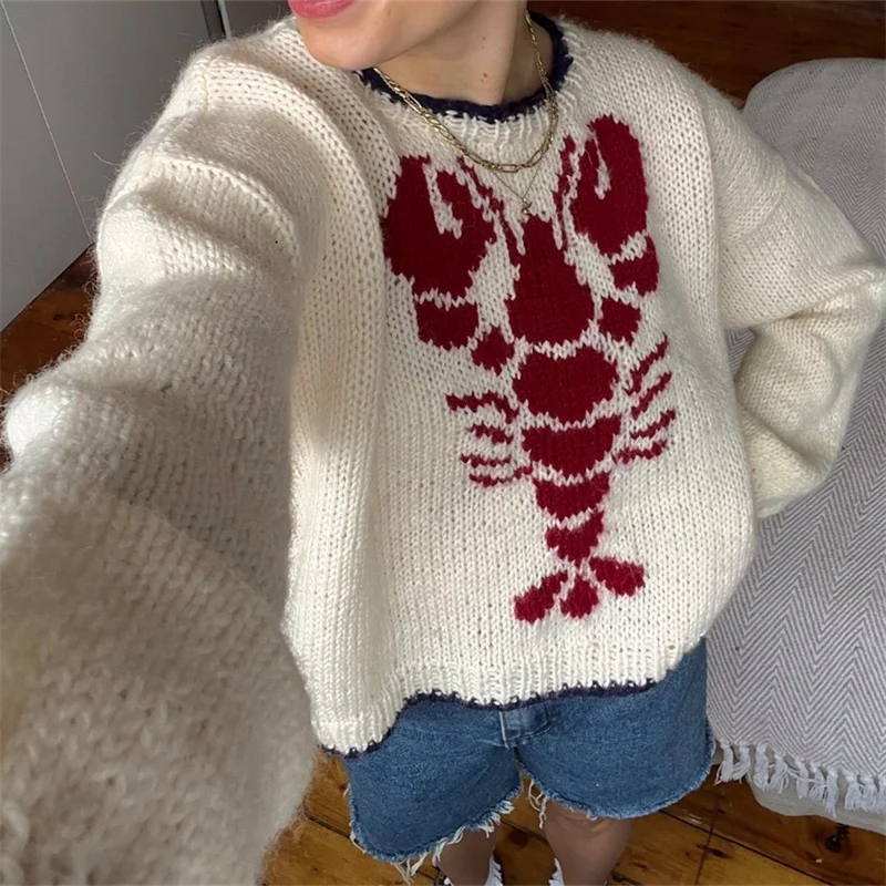 

Lobster Patterm Knitted Pullovers Autumn Winter Long Sleeve Knitwear 90s Vintage Grunge Preppy Style Y2K Sweater Women Clothes