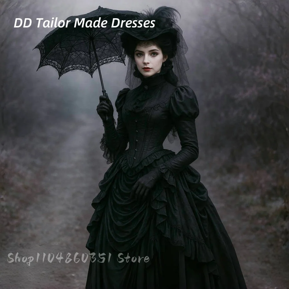 

Gothic Black Wedding Dress Vintage Victorian Bustle Bridal Gowns Ruched Long Sleeves High Collar Corset Vestidos Customized