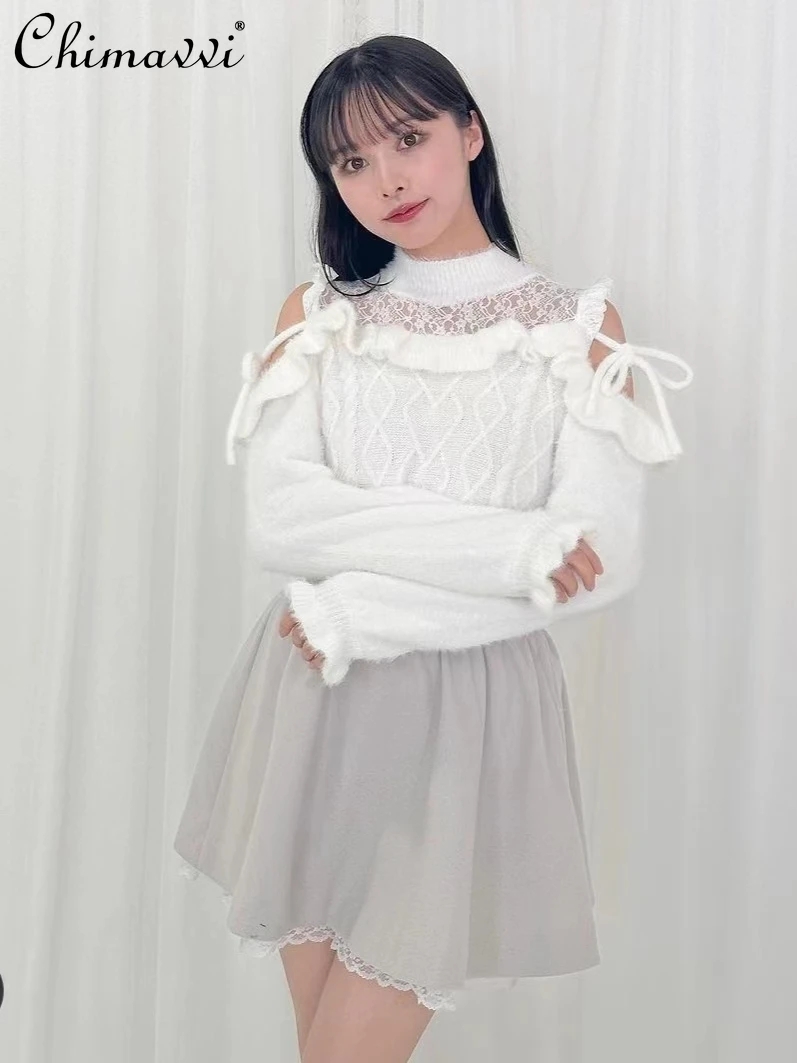 Nowy japoński sweter z dzianiny Sweet Girl Kobiety Jesień Zima Nowość Off Shoulder Lace Bow Hollow Out Lolita Knitwear Top