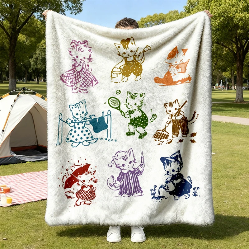 Cat 90s Tattoo Vintage Flannel Blanket, Retro Kitten Cute Flannel Throw, Cats Playing Unisex Relaxed Adult Cozy Blanket