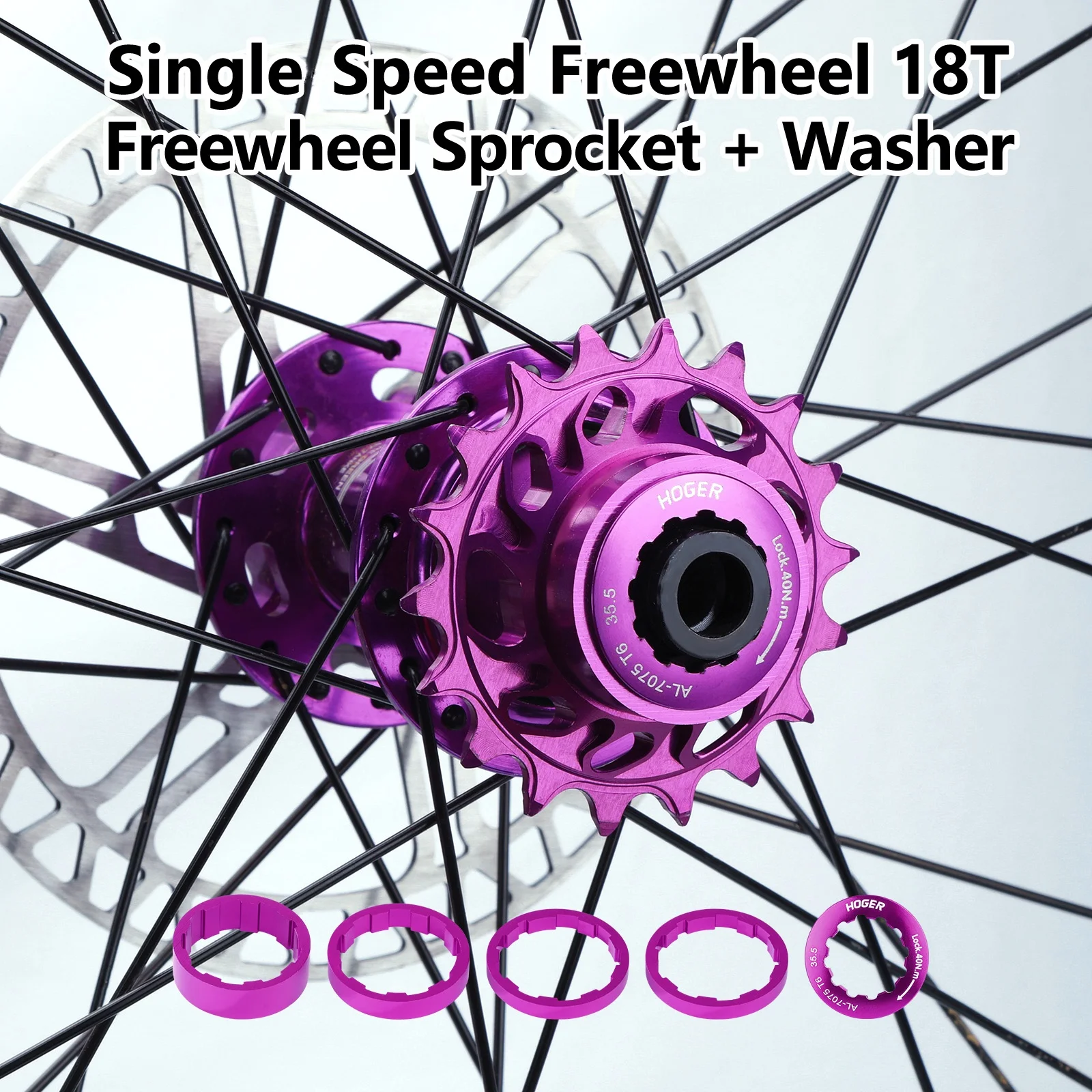 HOGER-Single Speed Flywheel Conversion Kit,18T,HG Cassette Cog,MTB Road Bike Sprocket for Freewheel Chain,7075 aluminum alloy