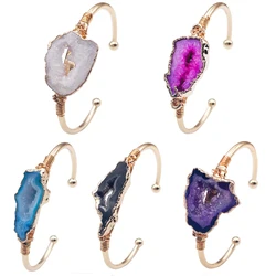 Irregular Geode Druzy Agate Slices Bangle for Women Girls Handmade Boho Wire Wrapped Adjustable Cuff Bracelets Party Gift