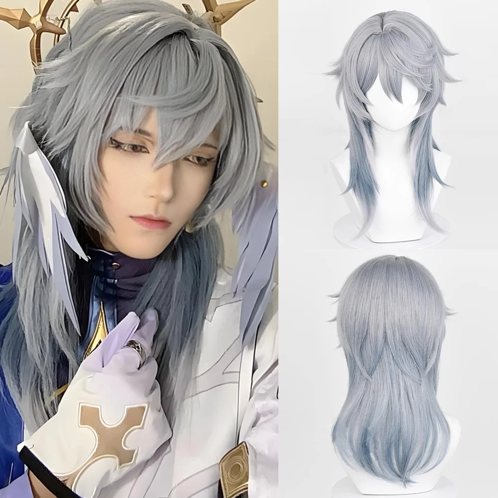 Honkai Star Rail Sunday Wig Short Synthetic Straight Ombre Grey Blue Fluffy Game Cosplay Hair Heat Resistant Wig for Party