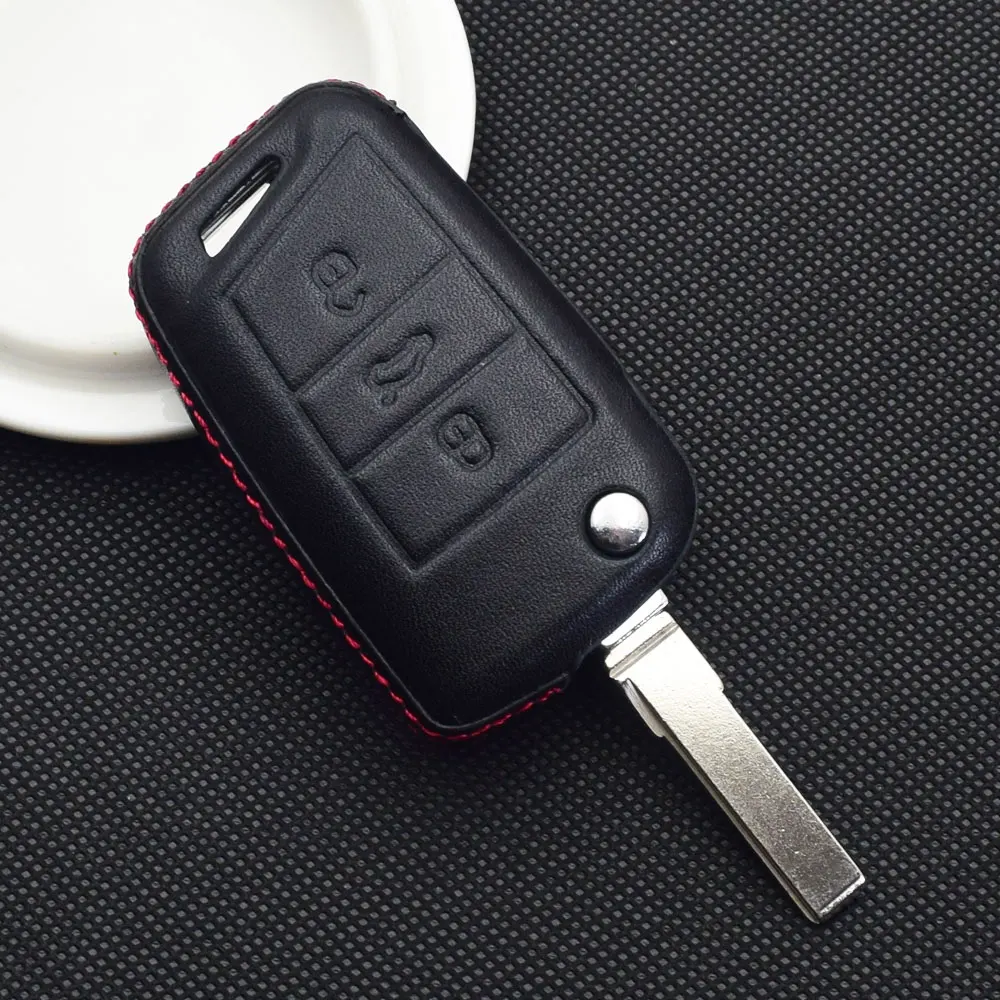 Leder Auto Schlüssel Fall Schlüsselbund Für VW Volkswagen Golf MK7 GTI Tiguan Jetta Sitz Skoda Klapp Fernbedienung Fobs Schutz Abdeckung – Detail 5