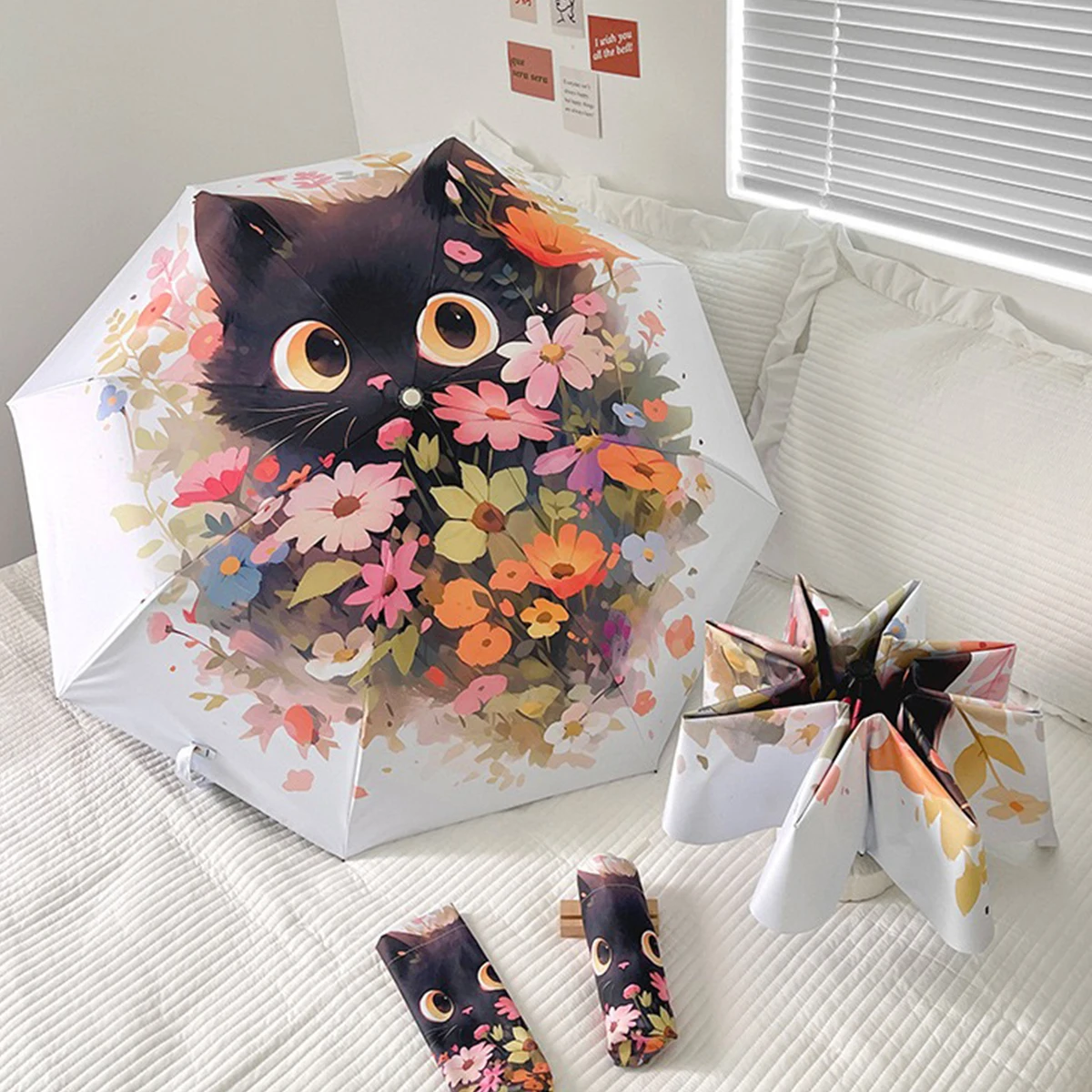 Cute Cat Cartoon 50 fold Folding Umbrella Sunscreen Thread Female Sun Umbrella for both Rain and Sun