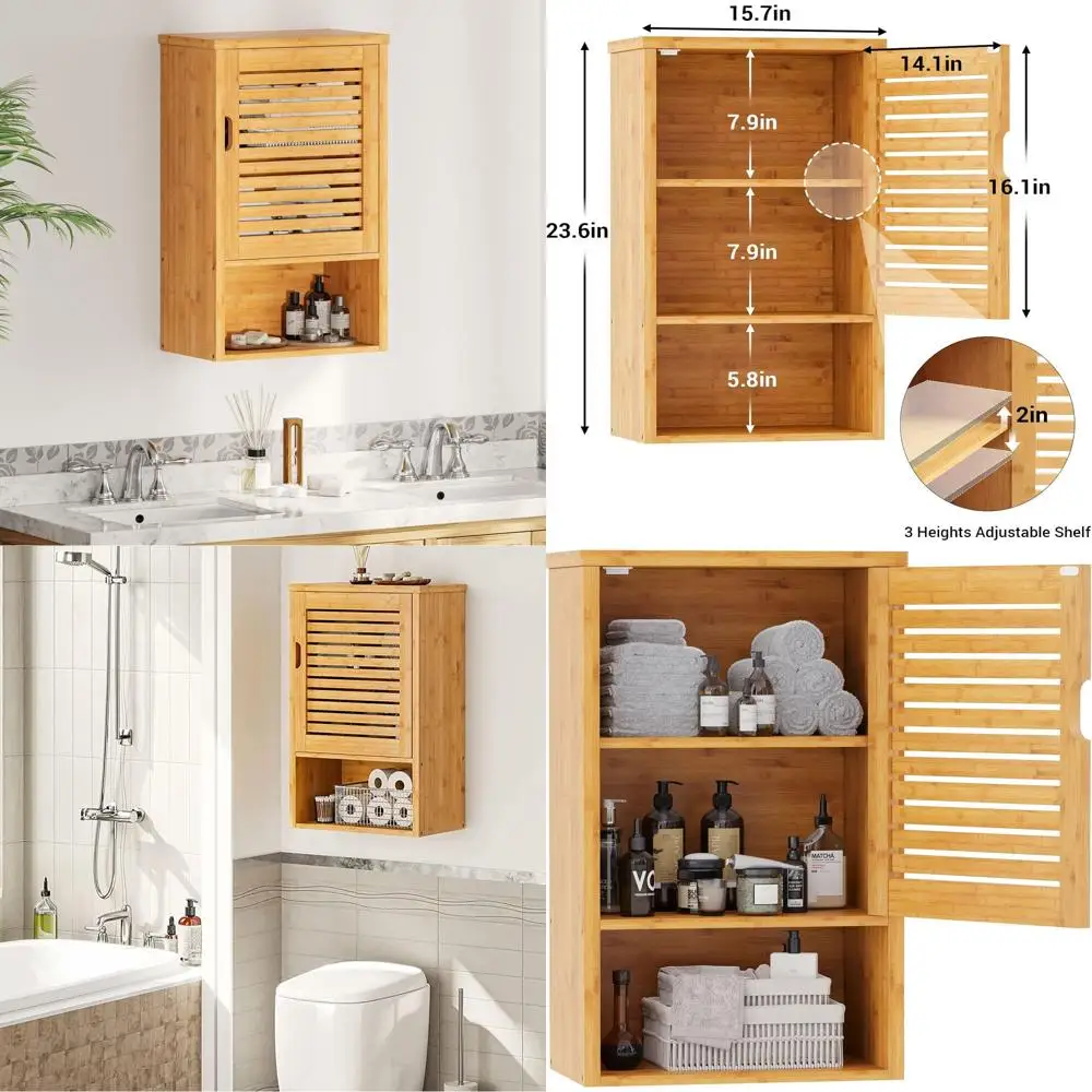 

Wooden Over-the-Toilet Bamboo Wall Cabinet with 1 Door, Adjustable Shelf, 15.7x7.8x23.6