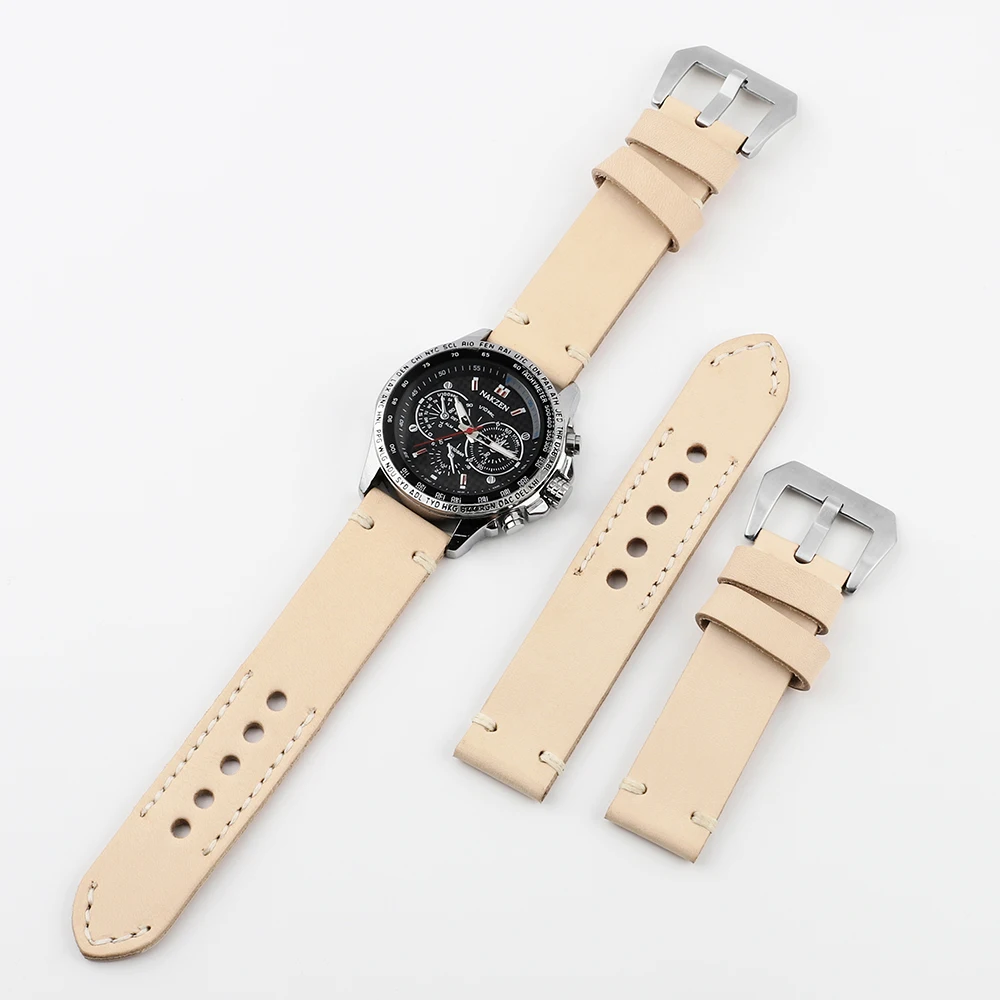 Beige Watch Strap Handmade Vintage Stitching Design Wrist Wristband 22mm Watchband Metal Pin Buckle Quick Release Replacement