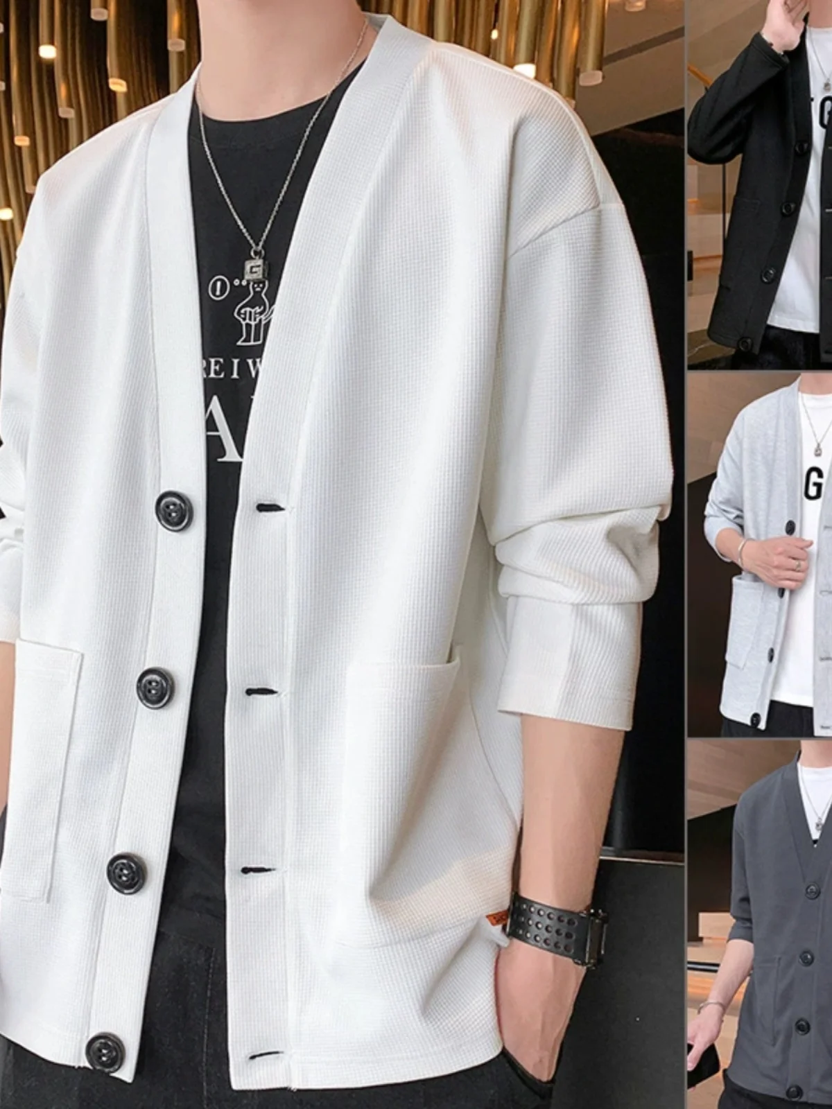 

Мужской цветной кардиган с V-образным вырезом, свободного кроя, повседневная верхняя одежда с длинными рукавами для молодежи на все сезоны