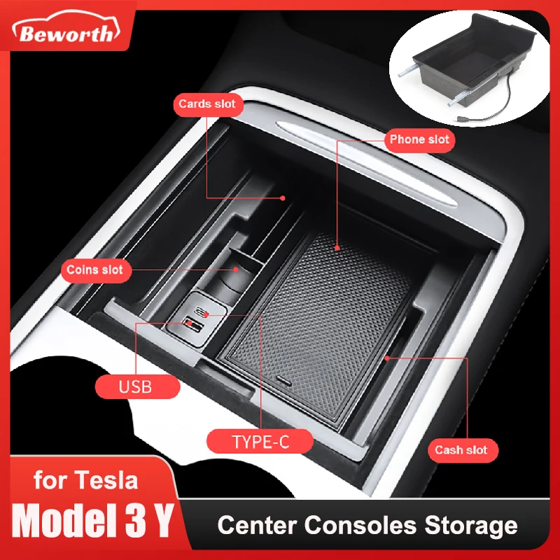 Center Consoles Armrest Storage Box for Tesla Model 3 Y 2023 USB Type-C Port Hub Container Organizer Flocking Hidden Accessories