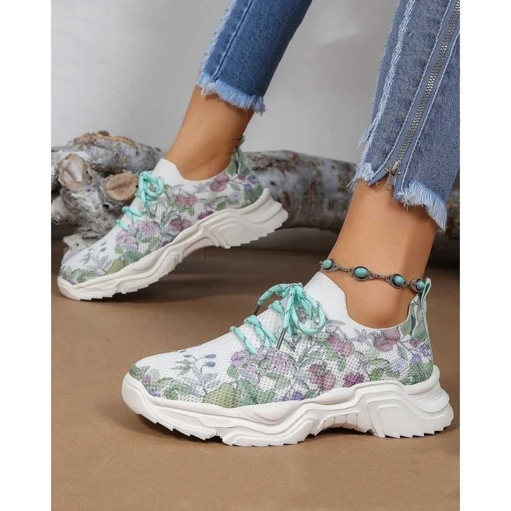 Baskets à lacets à œillets à imprimé floral pour femmes, chaussures de course décontractées, chaussures de sport à plateforme ronde, style coréen, printemps, automne