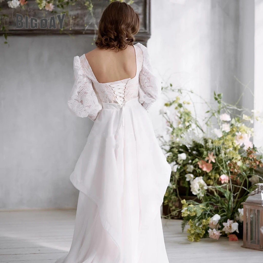 Elegantes Hochzeitskleid Frau A-Linie Spitze Applikationen Chiffon O-Ausschnitt mit langen Ärmeln Brautkleid Sweep Zug Vestido De Novia Maßgeschneidert